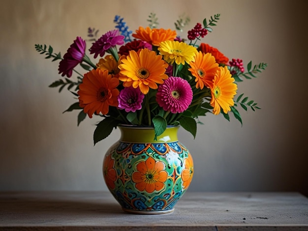 a colorful vase with flowers on a table and a wall behind it