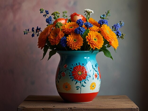 a colorful vase with flowers on a wooden table