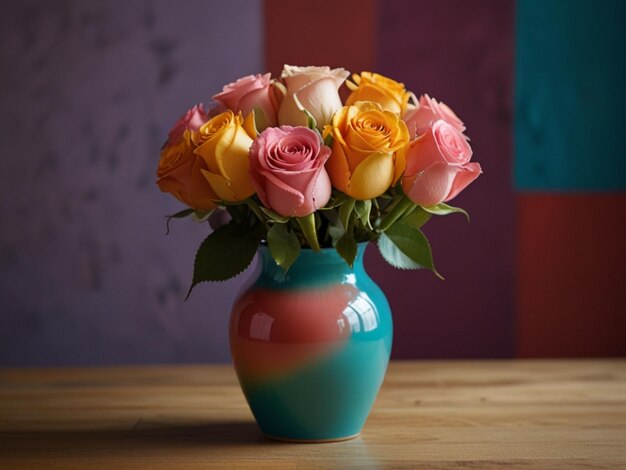 a colorful vase with many roses in it on a table