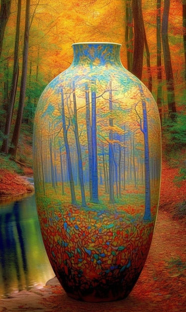 A colorful vase with a picture of a forest on it.