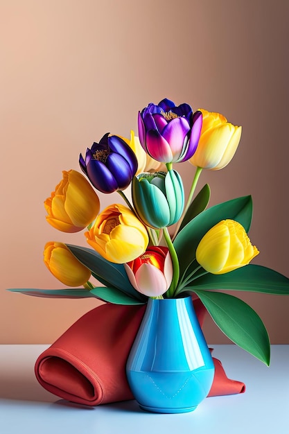 a colorful vase with tulips and a red and yellow cloth.