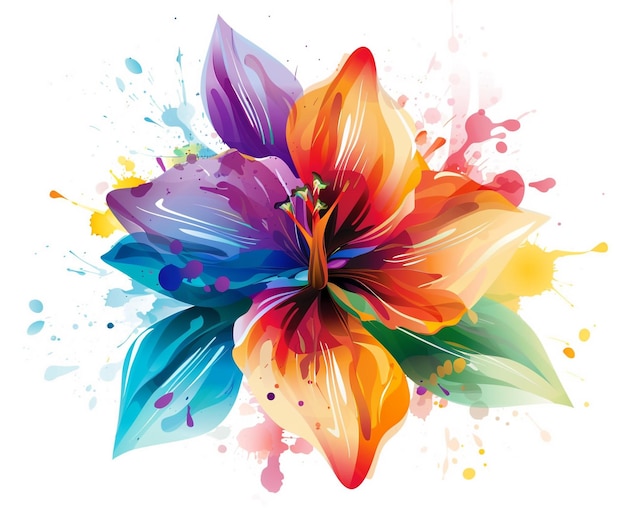 Colorful Vector Design of Abstract Flower with Vibrant Splashes on White Background