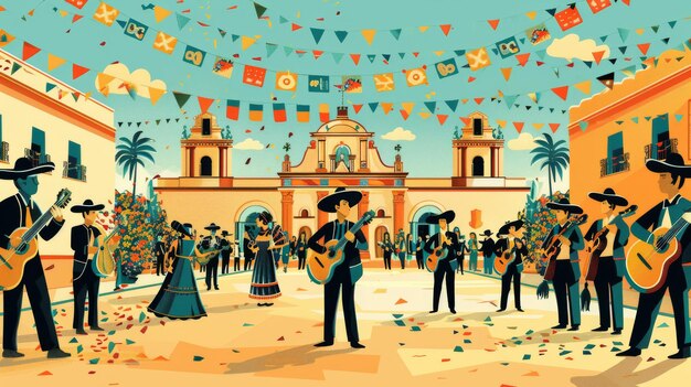 Colorful vector illustration of a Cinco de Mayo celebration in a plaza with a mariachi band dancers and festive decorations all around Generative AI