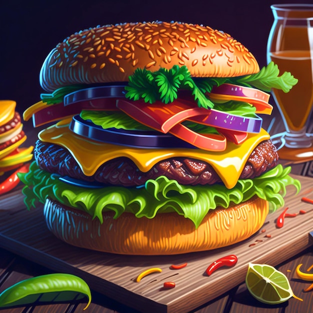 Colorful vectorstyle testy burger on wooden board on a dark background