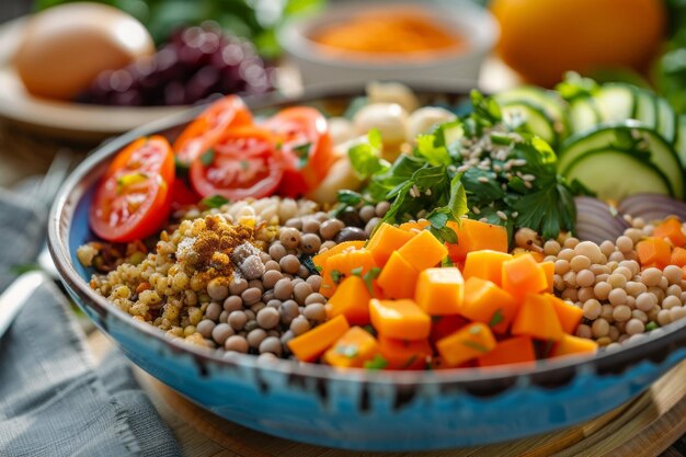 Colorful Vegan Bowl with Fresh Vegetables and Grains