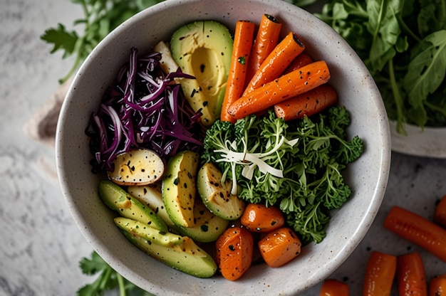 Photo colorful vegan bowl with roasted vegetables and fresh greens on a marble table