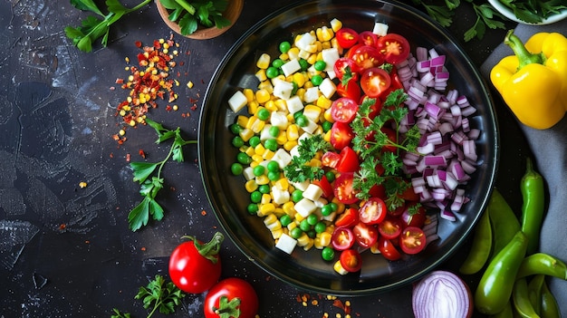 Colorful vegan and vegetarian diet salad packed with fresh vegetables and nutritious ingredients