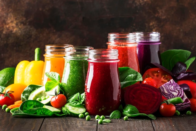 Colorful vegetable juices and smoothies from tomato carrot pepper cabbage spinach beetroot in bottles on kitchen table vegan food and drink selective focus