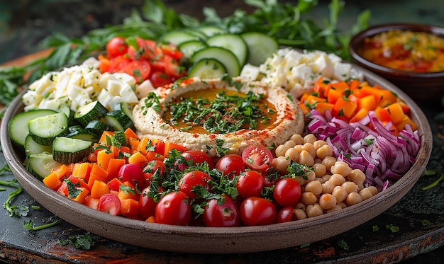 Photo colorful vegetable platter with hummus