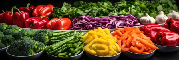 Photo colorful vegetables arranged in bowls on a black background