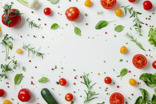 Photo colorful vegetables and herbs are beautifully scattered across a white backdrop creating a vibrant culinary tableau filled with freshness