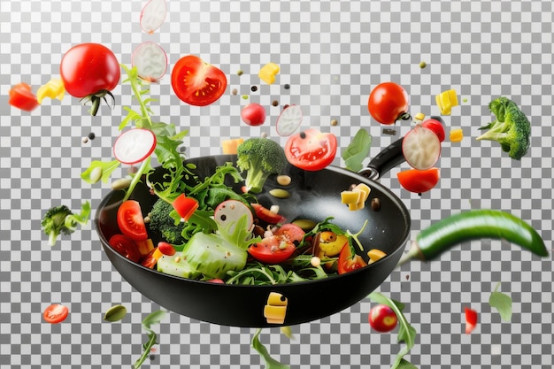 Photo colorful vegetables including tomatoes broccoli and peas are floating above a frying pan creating a vibrant cooking scene