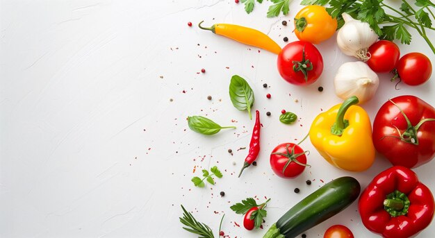 Colorful vegetables on a white background in a flat lay composition from a top view