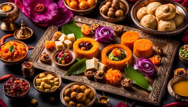 Colorful Veggie Platter with Assorted Indian Sweets and Desserts