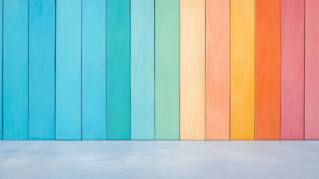 Photo colorful vertical wooden planks forming a rainbow wall with empty space in foreground