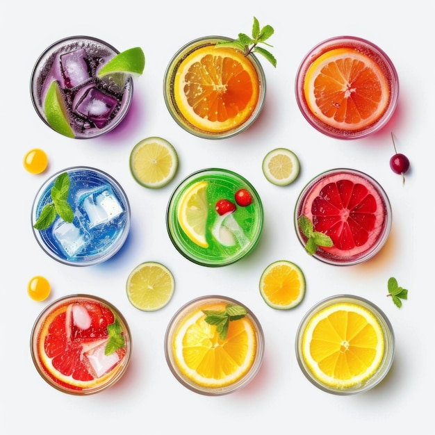 Colorful and vibrant drinks fresh fruit slices and ice cubes arranged in an overhead view on white