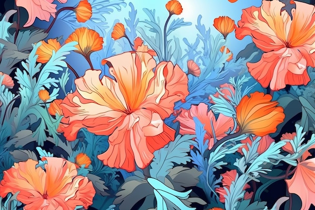 Colorful Vibrant Hand Drawn Unique Flowers Graphic Illustration Background