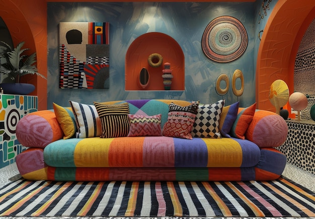 Colorful and vibrant interior design featuring eclectic furnishings and abstract art