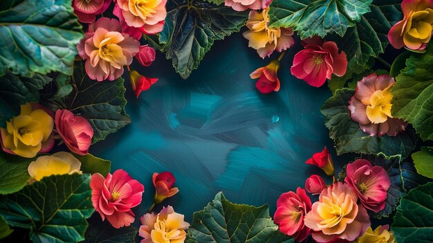 Colorful Vibrant Round Begonias on Blue Background