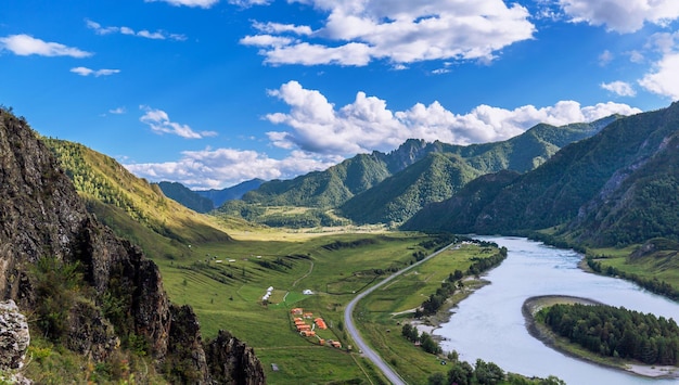 Colorful view of the mountains and the Katun River, with an island in the Altai Mountains, Siberia