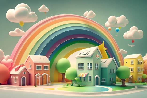 A colorful village with a rainbow and a rainbow