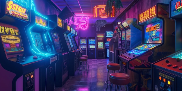 Colorful vintage arcade hall illuminated by neon signs and classic game machines