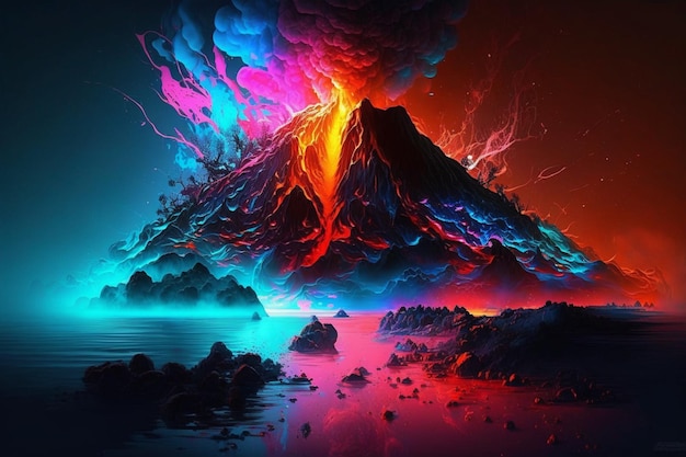 A colorful volcano with lava and lava on top of it generative ai