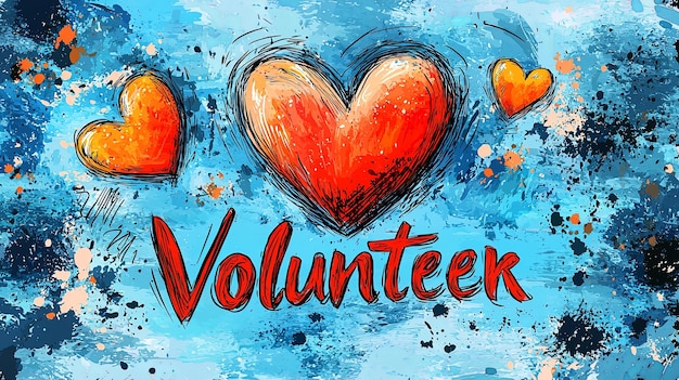 Colorful volunteer lettering with artistic heart illustrations