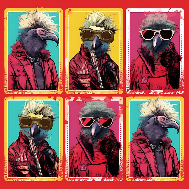 Colorful a Vulture Bird With a Rockstar Suit Holding a Microphone and Animal Stamp collection idea