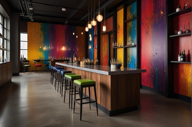 a colorful wall of art behind a bar with the colorful wall behind it