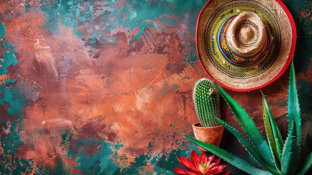 Photo a colorful wall decor featuring a hanging sombrero and a cactus