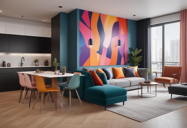 a colorful wall painting is above a couch and has a colorful wall behind it