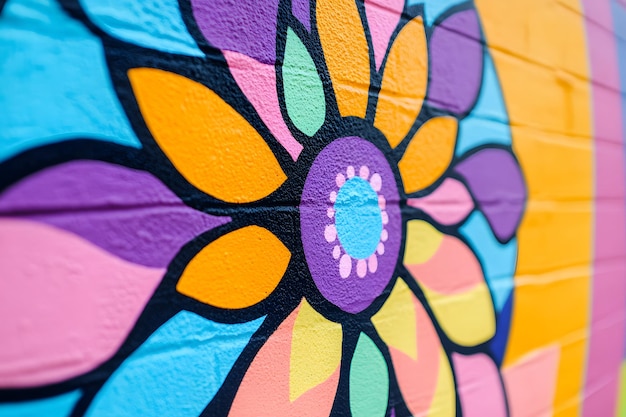 a colorful wall with a colorful flower painted on it