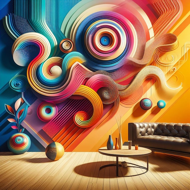 a colorful wall with a couch and a chair with a colorful background