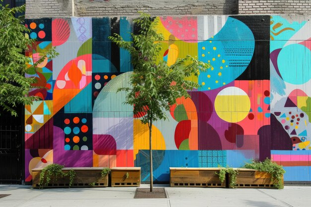 a colorful wall with a fire hydrant in front of it Craft a vibrant urban street mural with abstract and modern designs