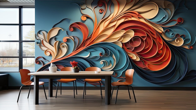 a colorful wall with a painting of a red, orange, and blue swirl.