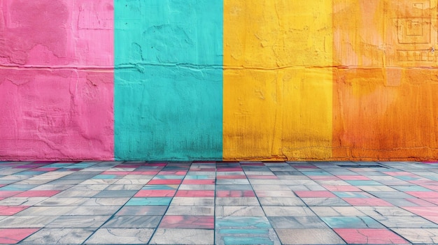 Photo a colorful wall with a patchwork tile floor