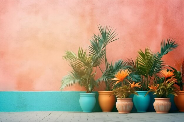 A colorful wall with a row of colorful pots with tropical plants in them.