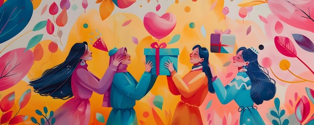 Photo colorful wallpaper of friends exchanging gifts on friendship day