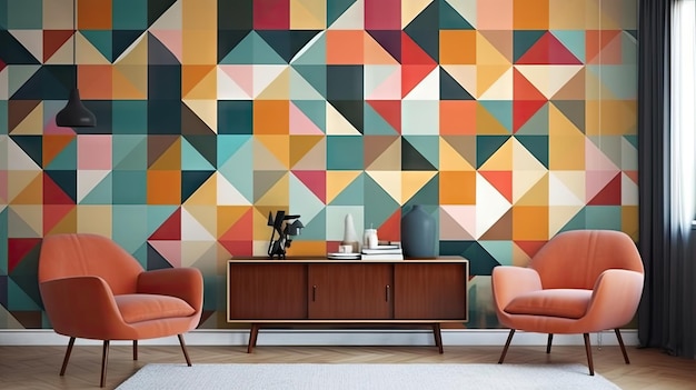 colorful wallpaper in a living room with orange chairs and a table.