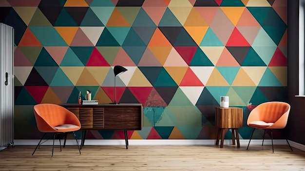 A colorful wallpaper with a black table in front of it.