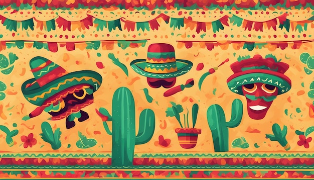 a colorful wallpaper with a cactus and a hat with a red band