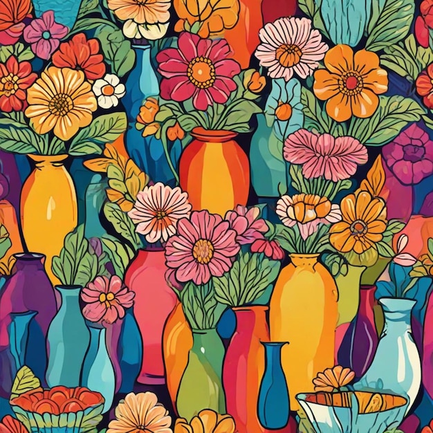 a colorful wallpaper with colorful vases and flowers