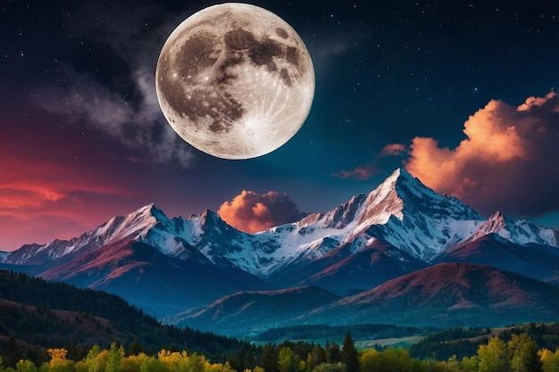 Colorful wallpaper with full moon clouds and mountains