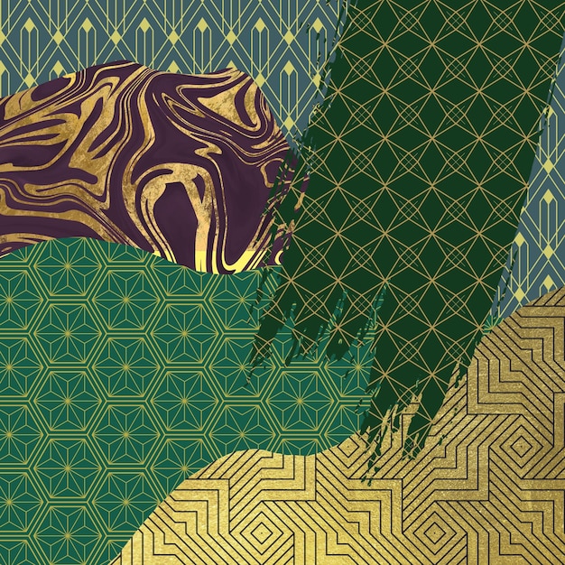 A colorful wallpaper with a pattern of a woman and a gold and green design.