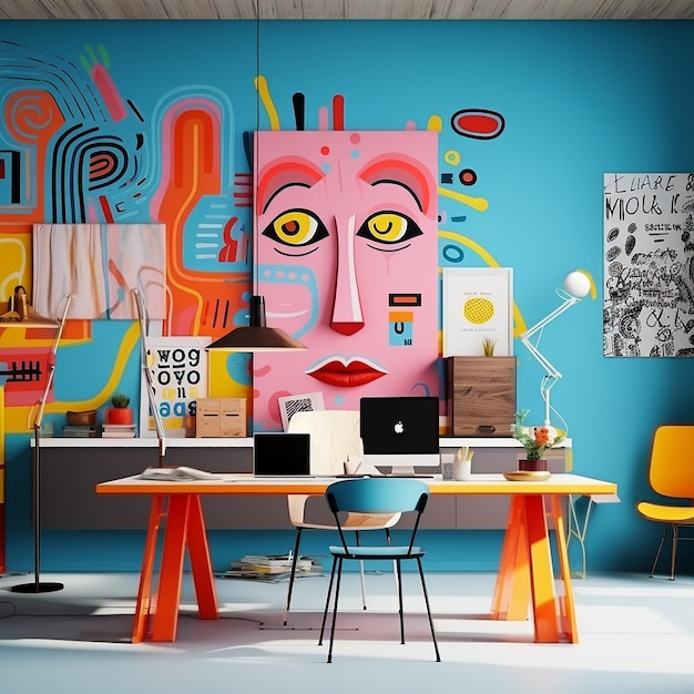 colorful walls with abstract characters and there is a work desk in front of it