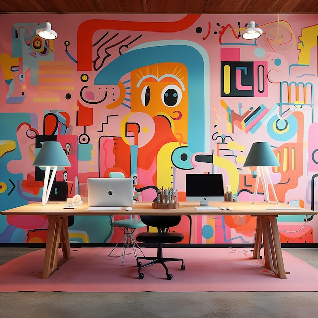 colorful walls with abstract characters and there is a work desk in front of it