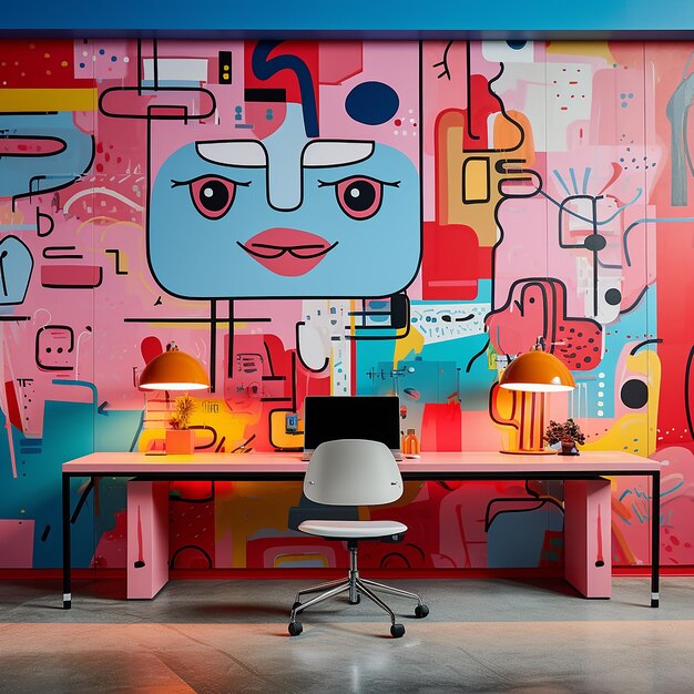 colorful walls with abstract characters and there is a work desk in front of it