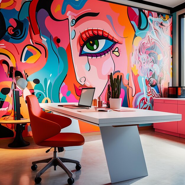 colorful walls with abstract characters and there is a work desk in front of it