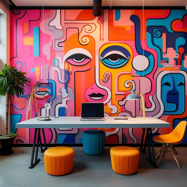 colorful walls with abstract characters and there is a work desk in front of it